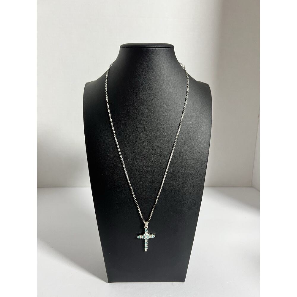 Women’s Silver Tone Blue Clear Cross Religious Necklace 20” L